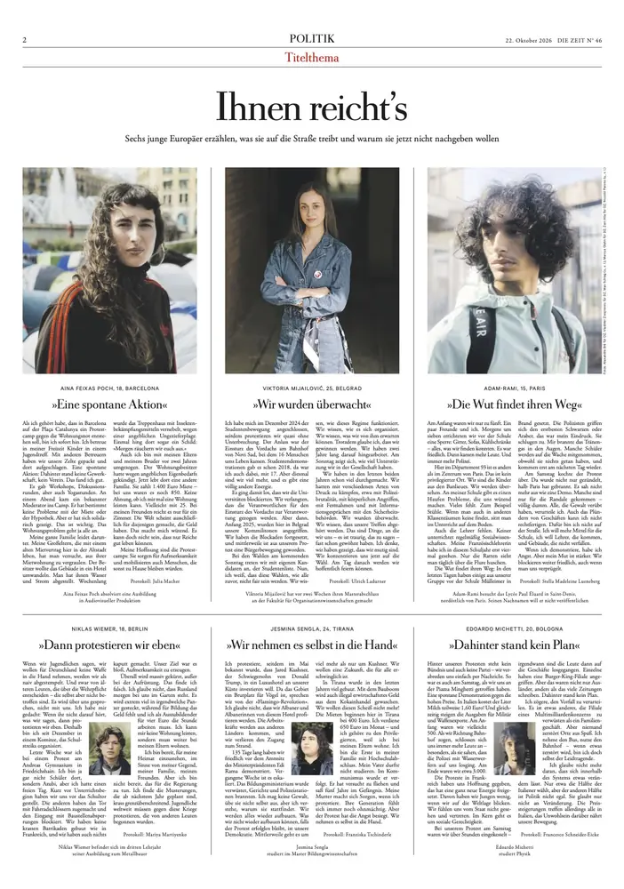 Tearsheet Die Zeit : photographie de Alexandre Bré, stagiaire Transmission promo 2022