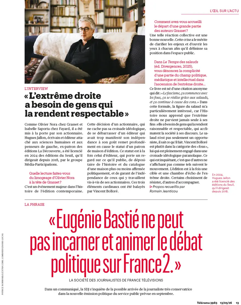 Tearsheet Télérama : photographie de Emil Lombardo, stagiaire Transmission promo 2025